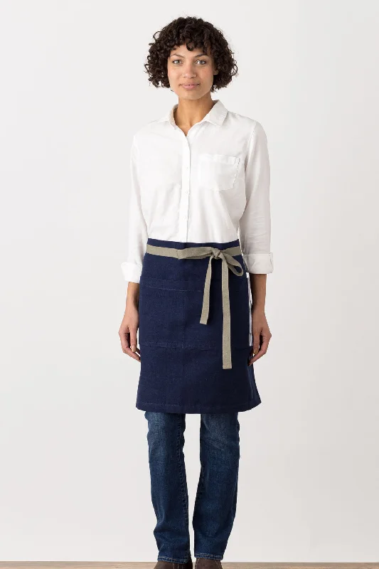 Bistro Middly Apron, 20"L, Navy with Tan Straps, Men and Women