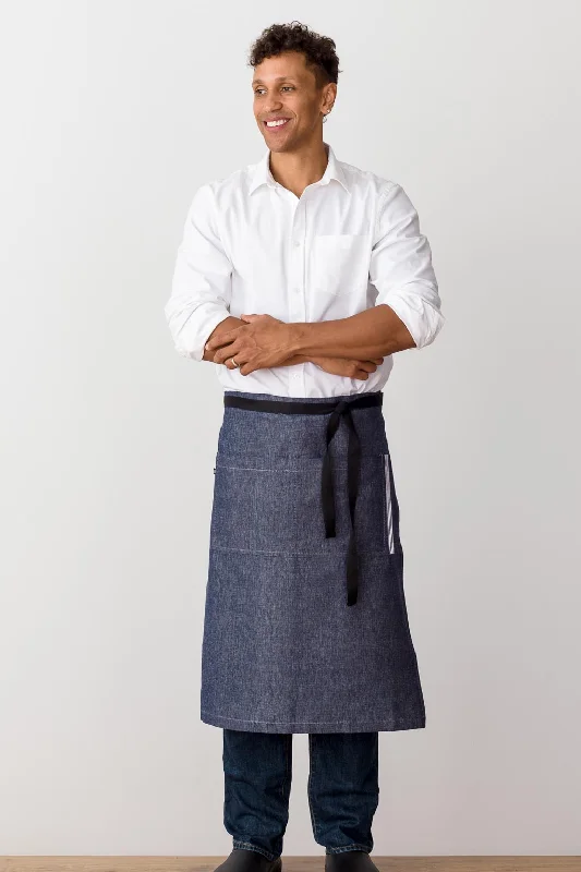 Bistro Longy Apron, 28"L,  Blue Denim with Black Straps, Men or Women