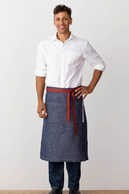 Bistro Longy Apron, 28"L,  Blue Denim with Red Straps, Men or Women