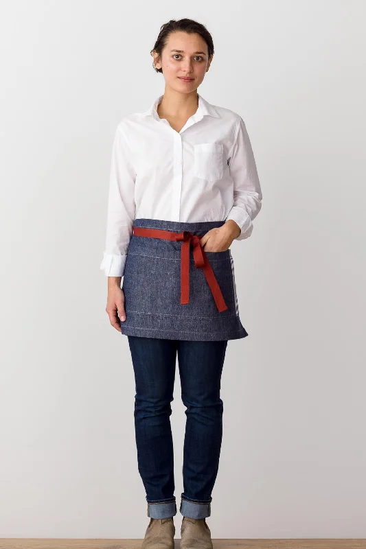 Bistro Shorty Apron, 14"L, Blue Denim with Red Straps, Men or Women