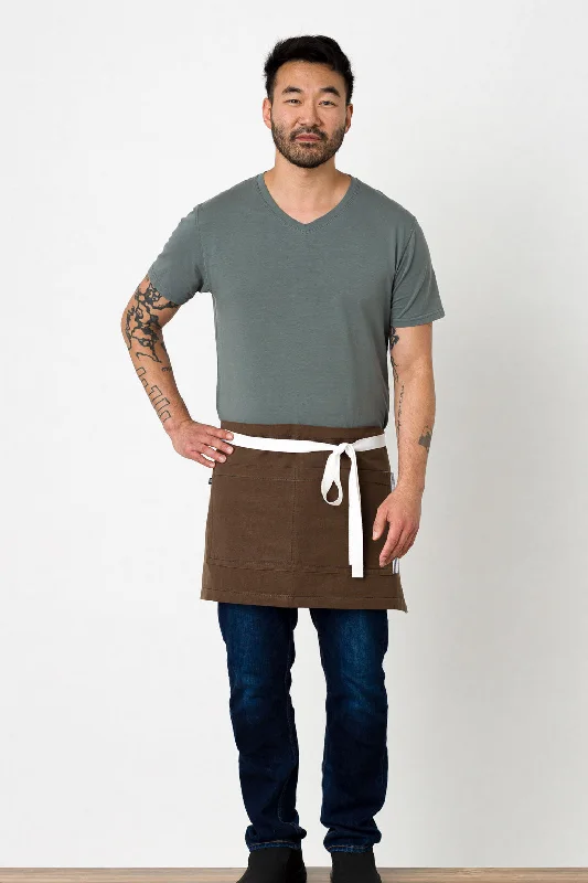 Bistro Shorty Apron, 14"L, Dark Brown with White Straps, Men or Women