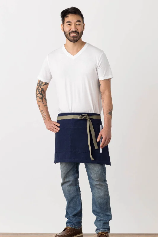 Bistro Shorty Apron, 14"L, Navy Blue with Tan Straps, Men or Women