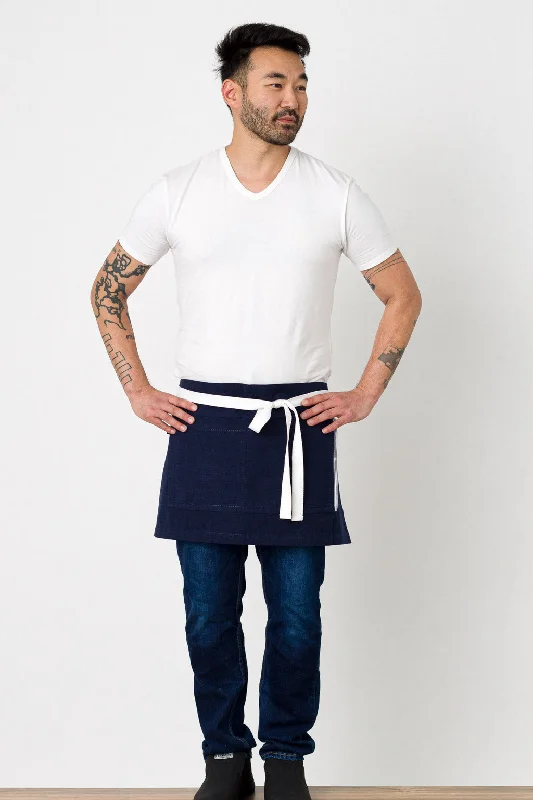 Bistro Shorty Apron, 14"L, Navy Blue with White Straps, Men or Women