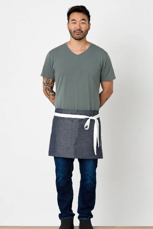 Bistro Shorty Apron, Wrinkle Resistant, 14"L, Blue Denim with White Straps, Poly-Cotton