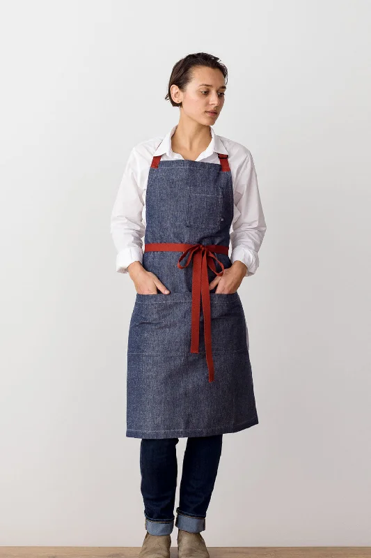 Classic Chef Apron, Blue Denim with Red Straps, Men or Women