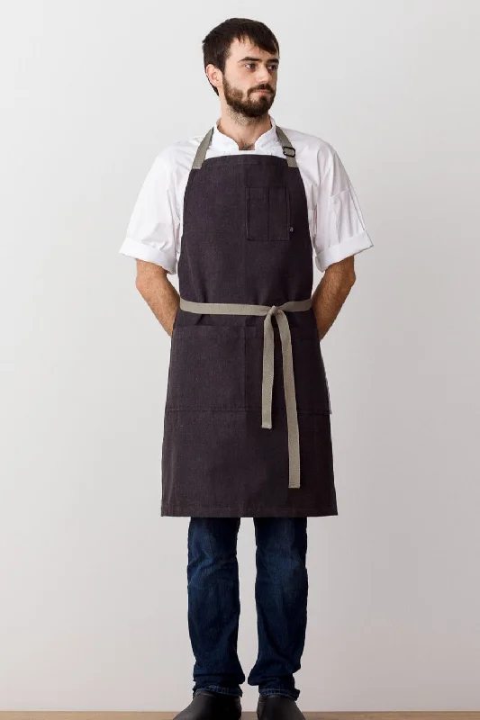 Classic Chef Apron, Charcoal Black with Tan Straps, Men or Women