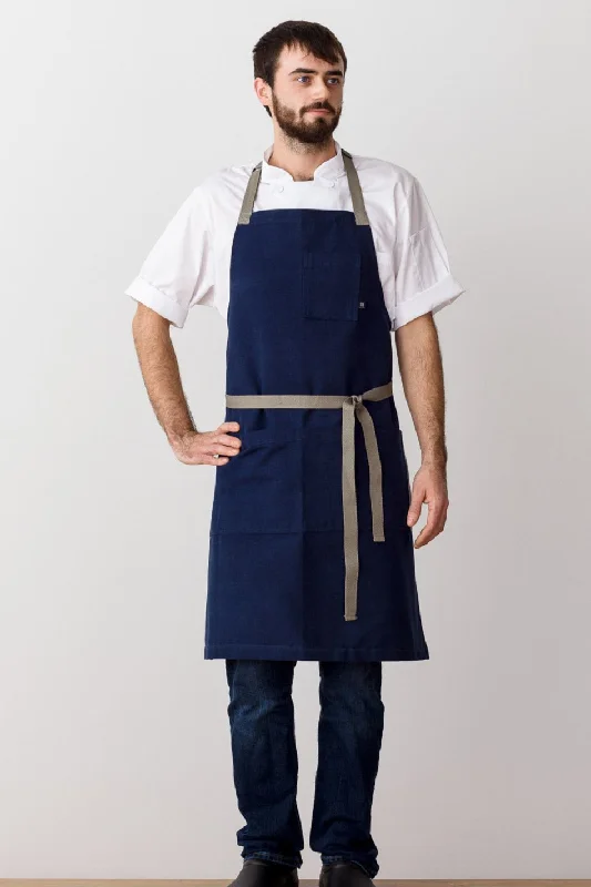 Classic Chef Apron, Navy with Tan Straps, Men or Women