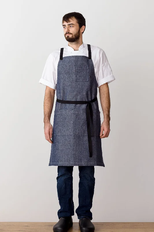 Cross-Back Chef Apron, Blue Denim with Black Straps, Men and Women