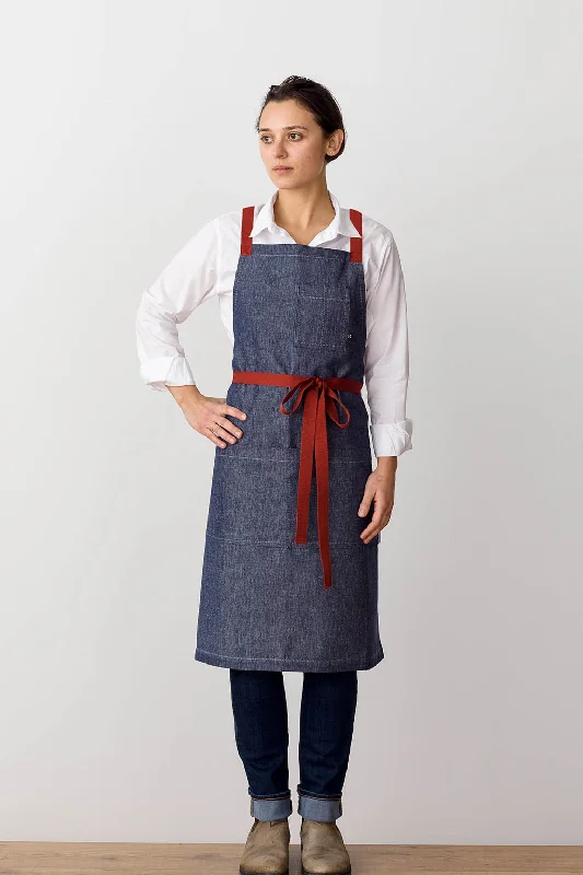 Cross-Back Chef Apron, Blue Denim with Red Straps, Men and Women