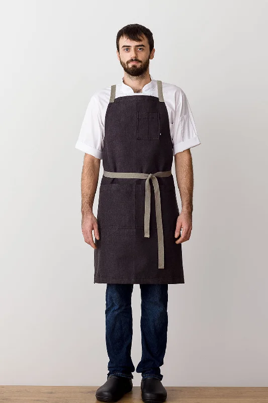 Cross-Back Chef Apron, Charcoal Black with Tan Straps, Men and Women