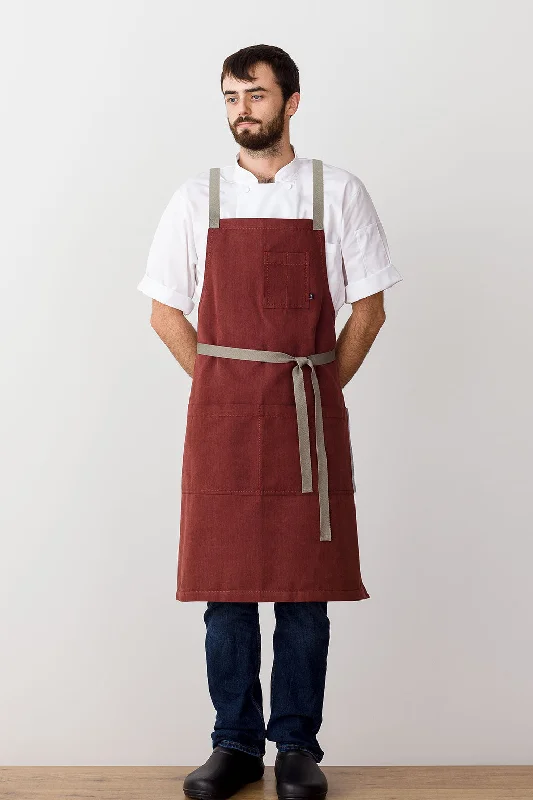 Cross-Back Chef Apron, Maroon with Tan Straps, Men and Women