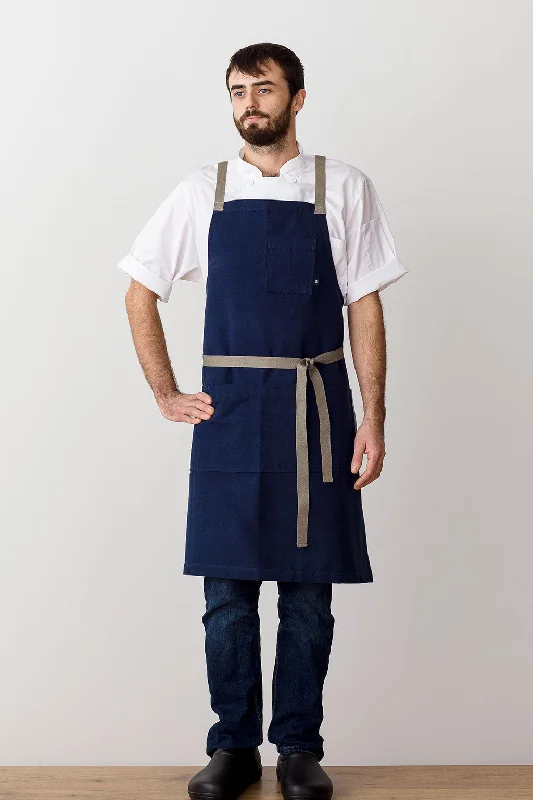 Cross-Back Chef Apron, Navy with Tan Straps, Men and Women