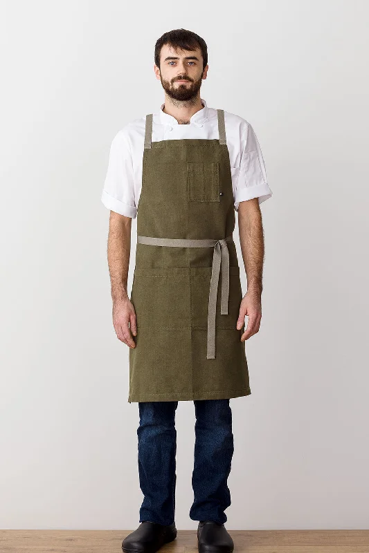 Cross-Back Chef Apron, Olive with Tan Straps, Men and Women