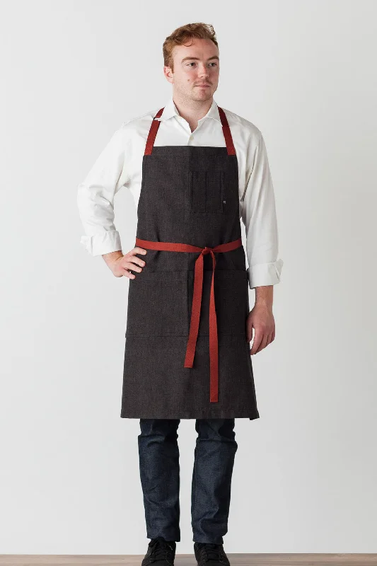 Classic Chef Apron, Charcoal Black with Red Straps, Men or Women