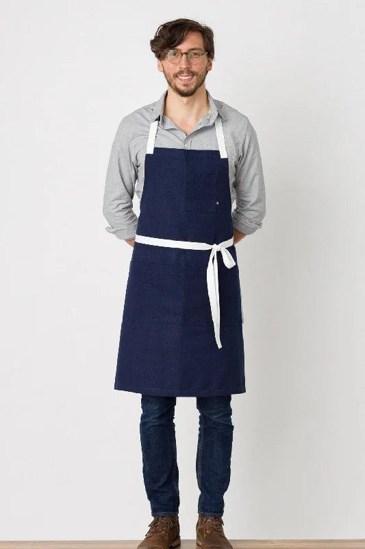 Classic Chef Apron, Navy with White Straps, 34"L x 30"W, Men or Women