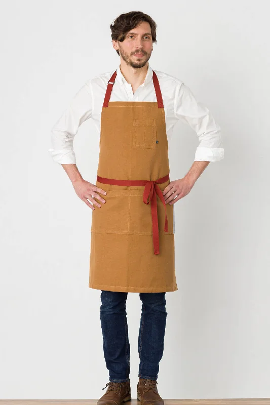 Classic Chef Apron, Ochre with Red Straps, 34"L x 30"W, Men or Women