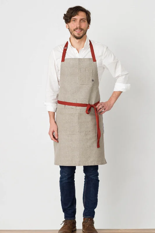 Classic Chef Apron, Tan with Red Straps, 34"L x 30"W , Men or Women