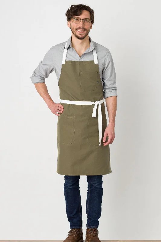 Classic Chef Apron, Wrinkle Resistant, Olive with White Straps, Poly-Cotton