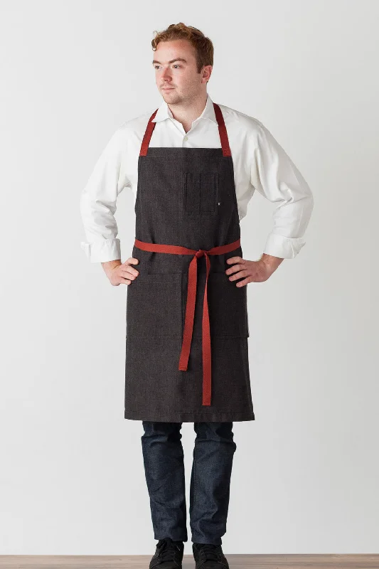 Cross-Back Chef Apron, Charcoal Black with Red Straps, Men or Women