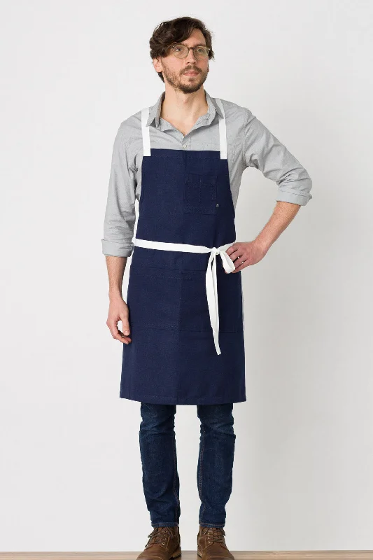 Cross-Back Chef Apron, Navy with White Straps, 34"L x 30"W, Men or Women