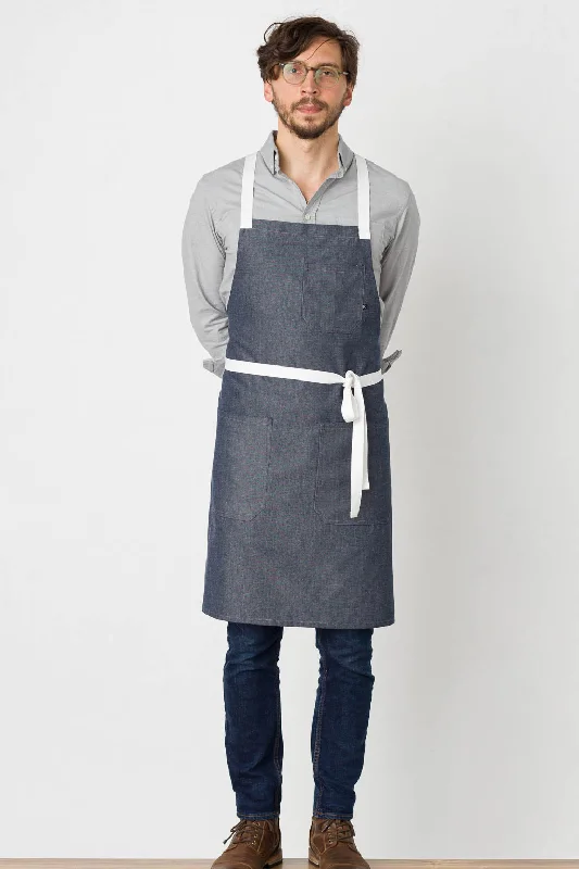 Cross-Back Chef Apron, Wrinkle Resistant, Blue Denim with White Straps, Poly-Cotton