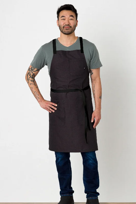 Cross-Back Chef Apron, Wrinkle Resistant, Charcoal Black with Black Straps, Poly-Cotton