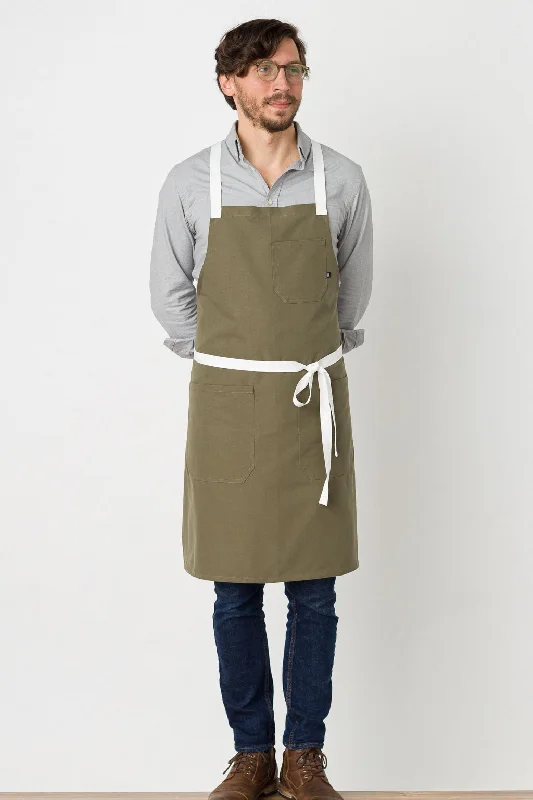 Cross-Back Chef Apron, Wrinkle Resistant, Olive with White Straps, Poly-Cotton