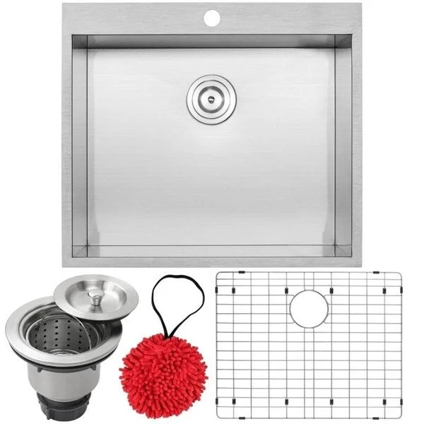 25" Ticor PLZ-610 Arlo Series 18-Gauge Stainless Steel Overmount Single Basin Zero Radius Kitchen Sink with Accessories