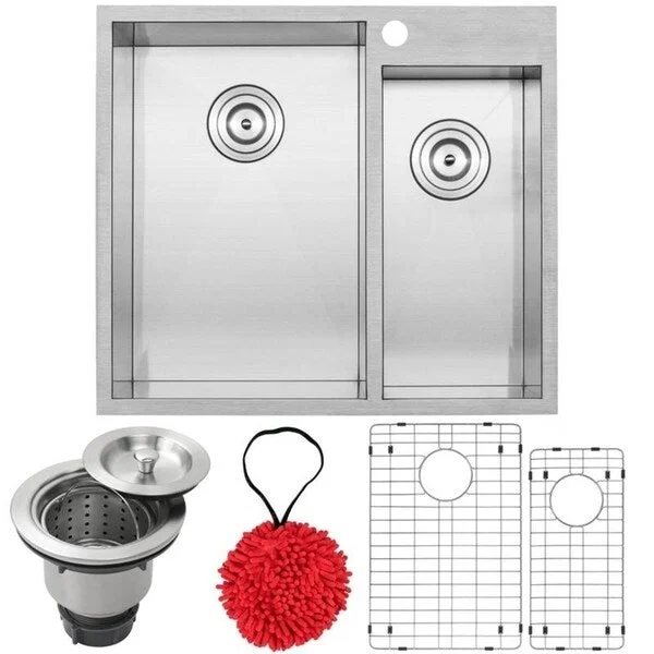 25" Ticor PLZ-611 Arlo Series 18-Gauge Stainless Steel Overmount Double Basin Zero Radius Kitchen Sink with Accessories