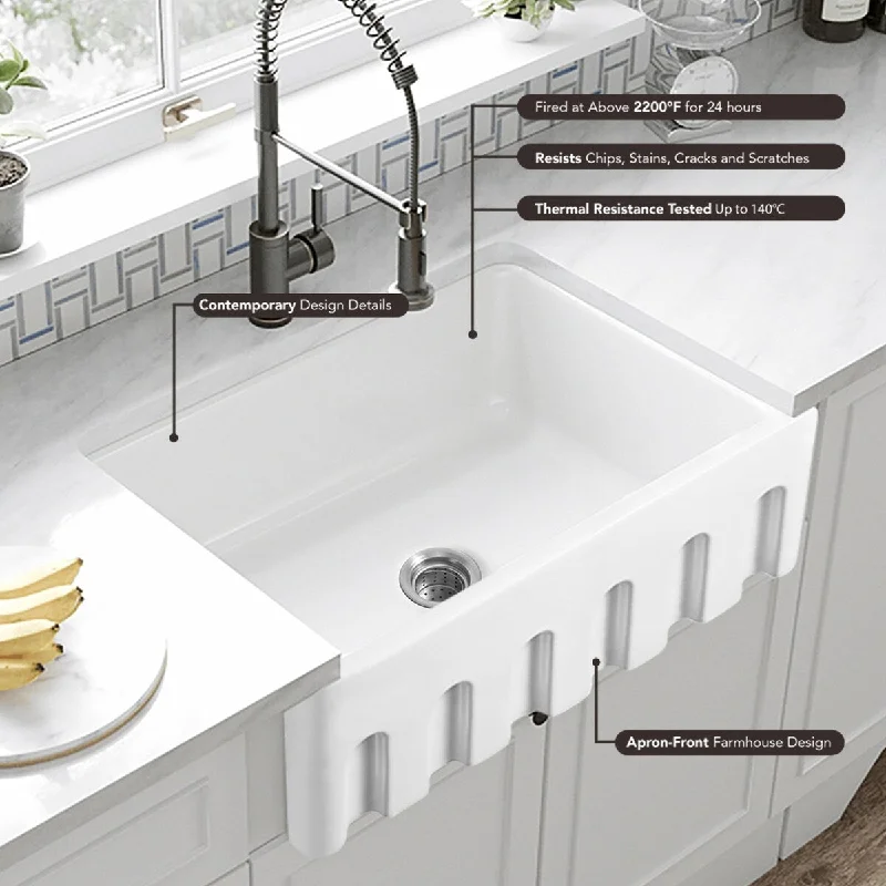 30" Single Basin Farmhouse Kitchen Sink with Basket Strainer