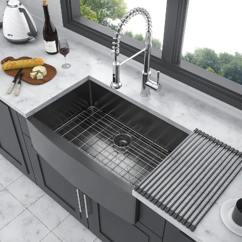 30in Farmhouse Kitchen Sink Stainless Steel Single Bowl Gunmetal Black