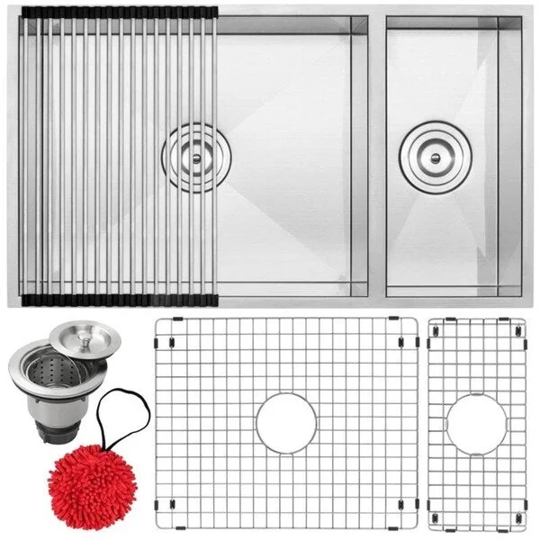 31 1/4" Ticor S6502 Pacific Series 16-Gauge Stainless Steel Undermount 70/30 Ratio Double Basin Kitchen Sink with Accessories