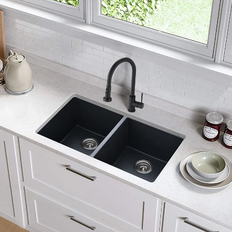 32 In. Undermount Double Bowl Black Bowl Quartz Kitchen Sink Basin - 32'' x 18'' x 10''