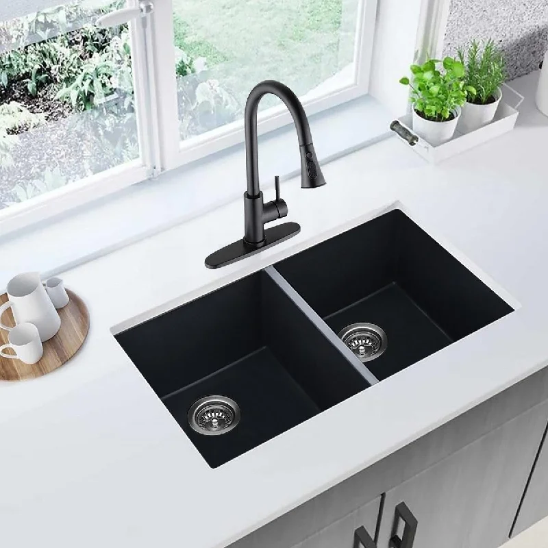 32 In. Undermount Double Bowl Matte Black Quartz Kitchen Sink Basin - 32" x18"