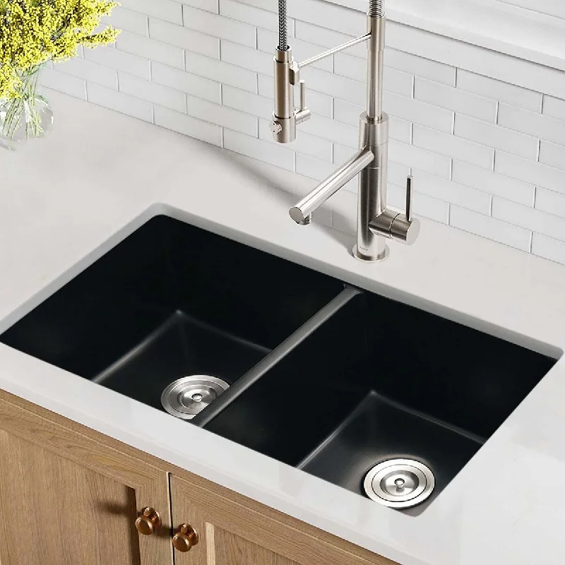 33 In. Undermount Double Bowl Black Quartz Kitchen Sink Basin - 33" x 18"