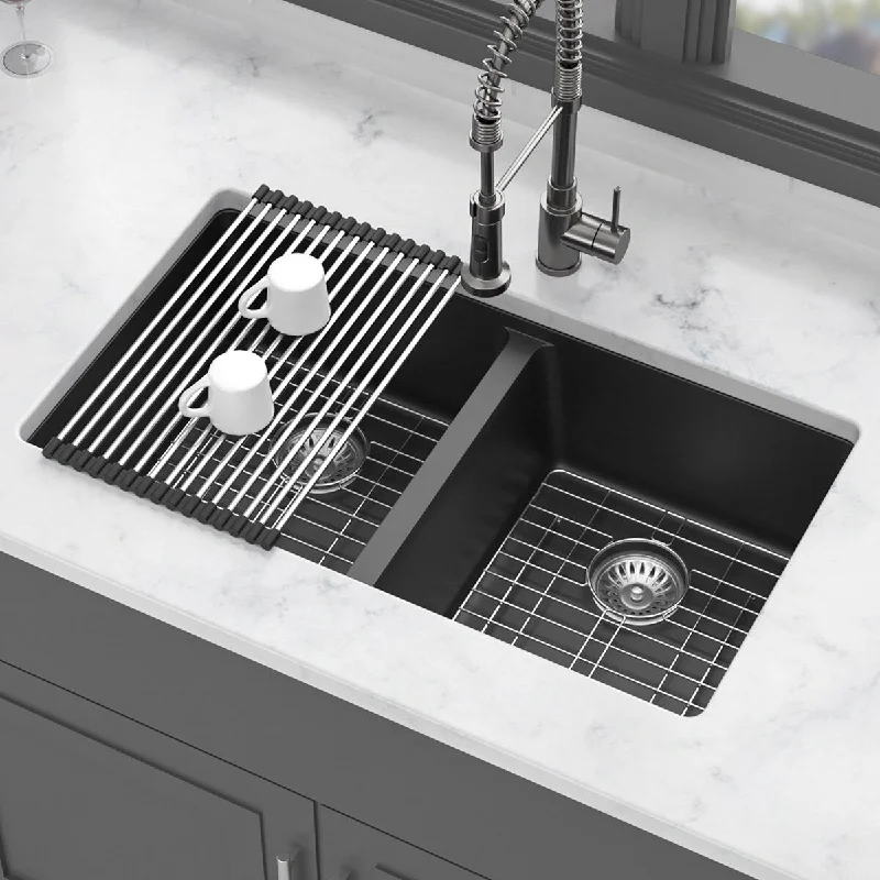 33 in. Undermount Double Bowl Black Quartz Kitchen Sink with Bottom Grids - 33" x 19" x 9.65"