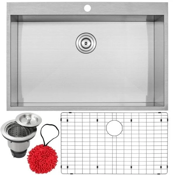 33" Ticor PLZ-615 Arlo Series 18-Gauge Stainless Steel Overmount Single Basin Zero Radius Kitchen Sink with Accessories