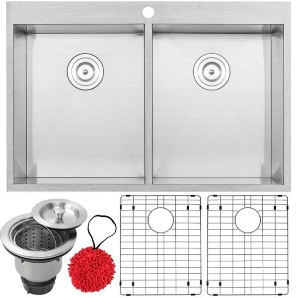 33" Ticor PLZ-620 Arlo Series 18-Gauge Stainless Steel Overmount Double Basin Zero Radius Kitchen Sink with Accessories