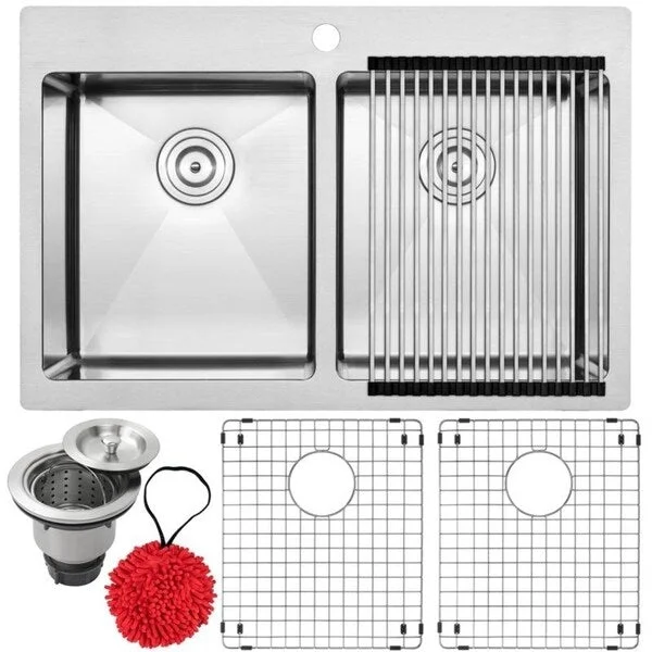 33" Ticor TR1700 Bradford Series 16-Gauge Stainless Steel Overmount Double Basin Kitchen Sink with Accessories