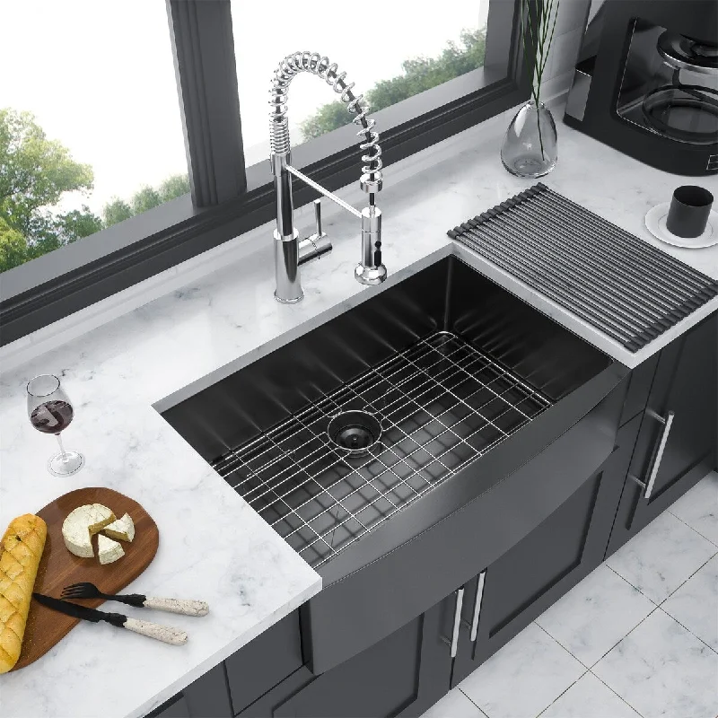 33in Farmhouse Kitchen Sink Stainless Steel Single Bowl Gunmetal Black