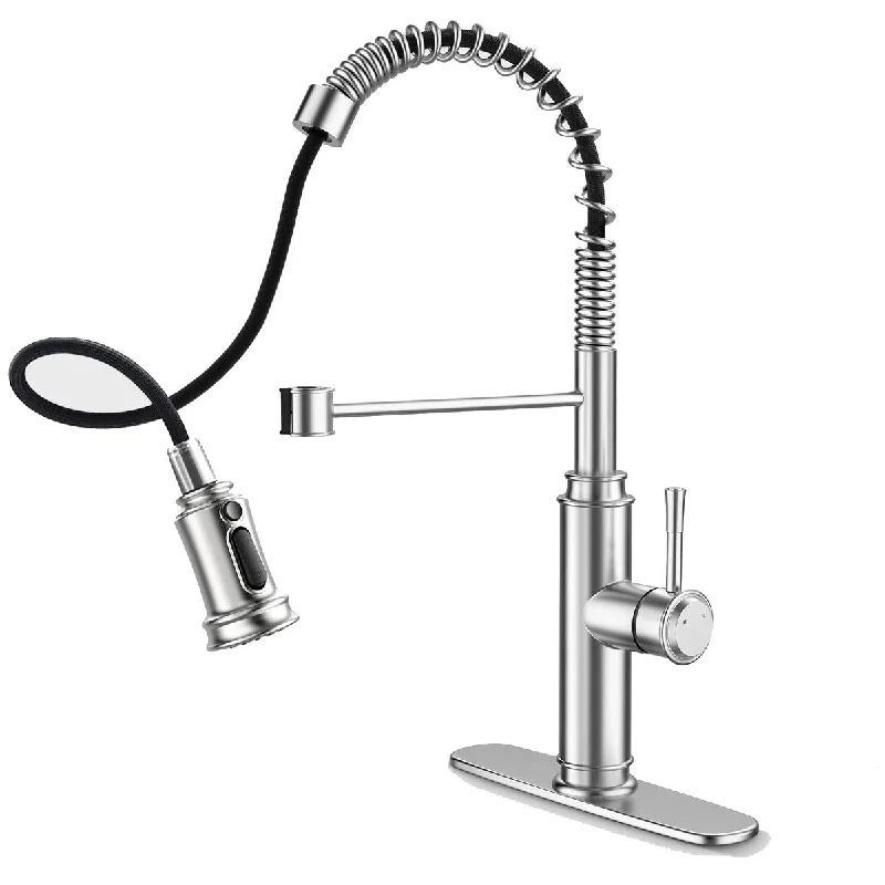 360 degree Rotation Single Handle Spring Kitchen Sink Faucet with 3 Modes Pull Down Sprayer and Deck Plate for 1or3 Holes