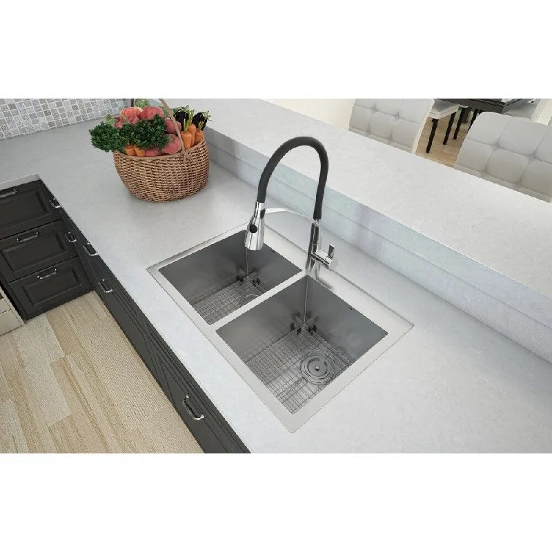 Ancona Top Mount Double Handmade 30 in. Sink with Palermo Kitchen Faucet Combo