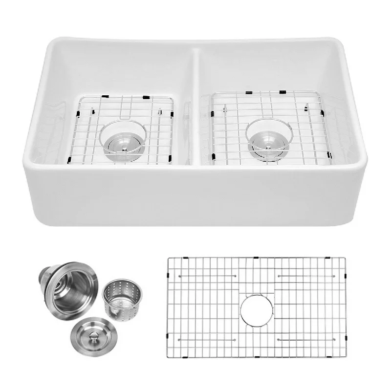 Aurora Decor Fireclay Double Bowl Farmhouse Kitchen Sink - 32 in. Width