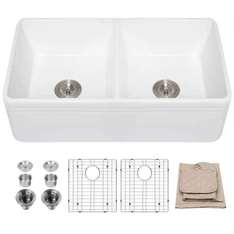 Aurora Decor Fireclay Double Bowl Farmhouse Kitchen Sink - 33 in. Width