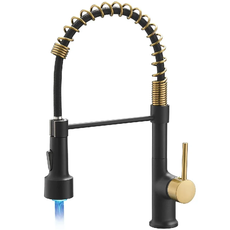 Black Gold Kitchen Faucet with Pull Down Sprayer Single Handle LED Kitchen Sink Faucet