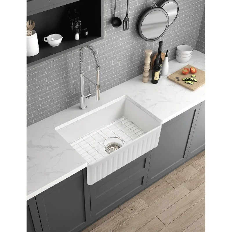 BNK 33 inch White Fireclay Kitchen Sink With Accessories, Drop-In Undermount Single Bowl Farmhouse sink - 32.9"W X 20"D X 10"H