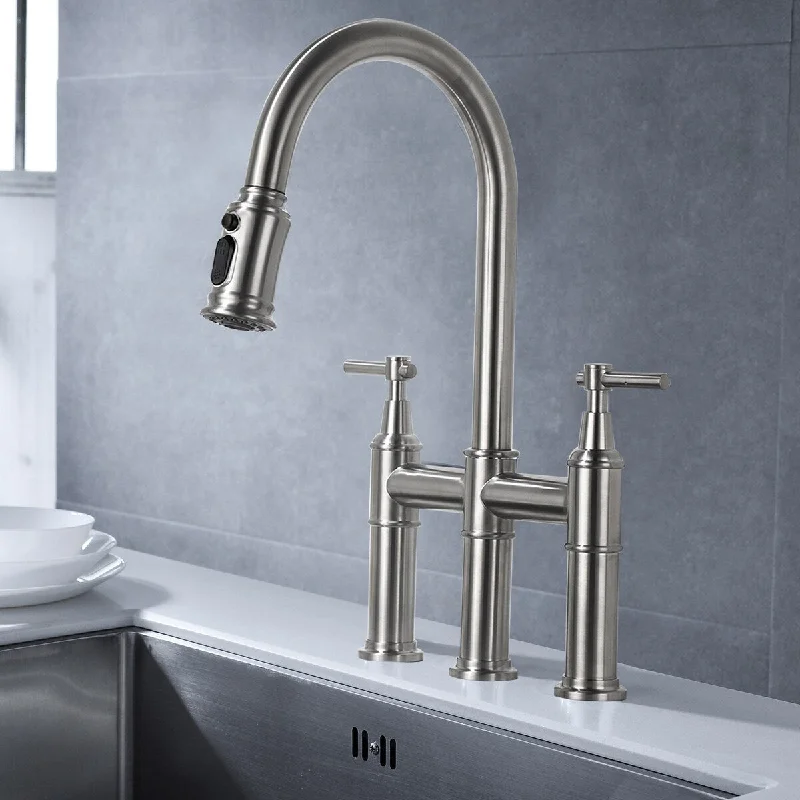 Brushed Nickel Bridge Pull Down Kitchen Faucet