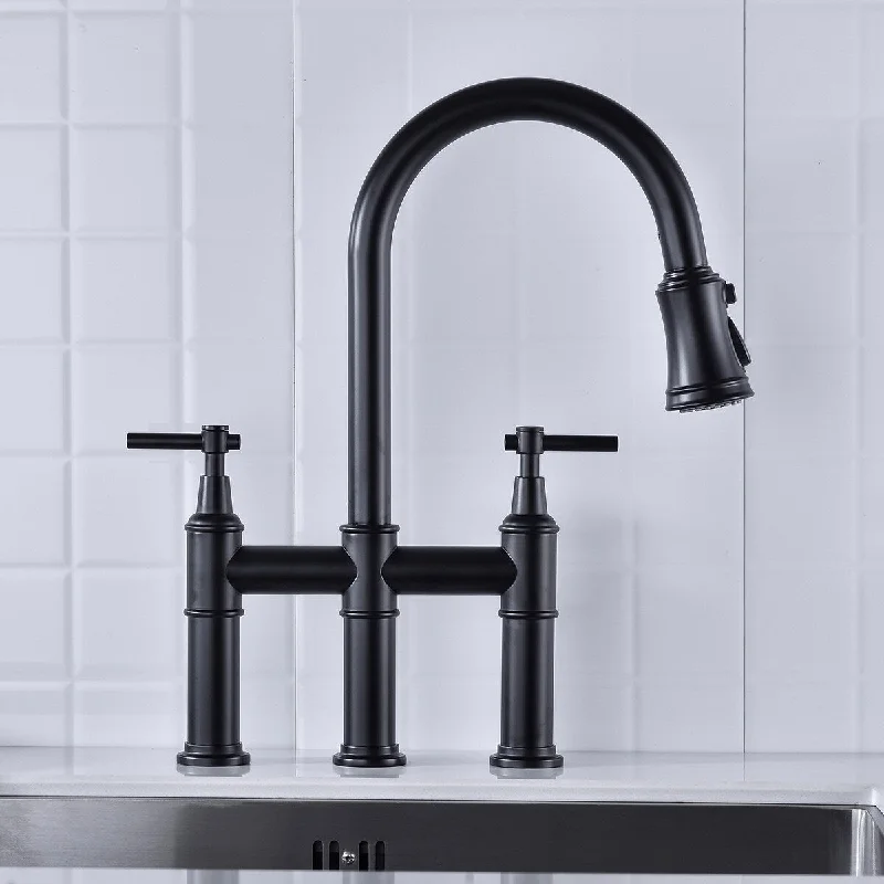 Classically Solid Brass Matte Black Bridge Kitchen Faucet, with Pull-Down Sprayhead Spot, with Gooseneck Spout and Swivels 360