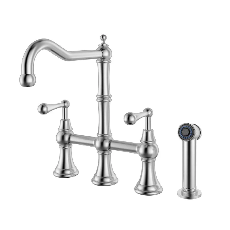 Geyser Brushed Satin Stainless Steel Commercial-grade Bridge Kitchen Faucet with Pull-out Side Sprayer