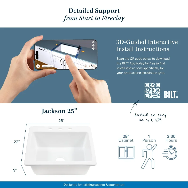 Jackson Crisp White Fireclay 25" Single Bowl Drop-In Kitchen Sink with 3 Holes